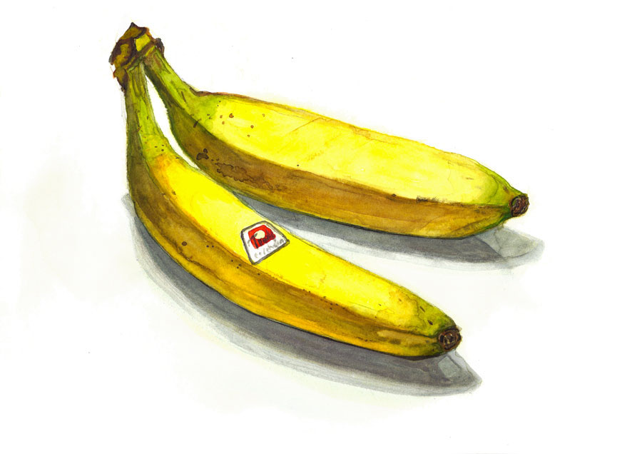 Zwei gelbe Bananen mit braunen Flecken, übereinanderliegend, eine mit kleinem Sticker, Schatten auf weißem Hintergrund.