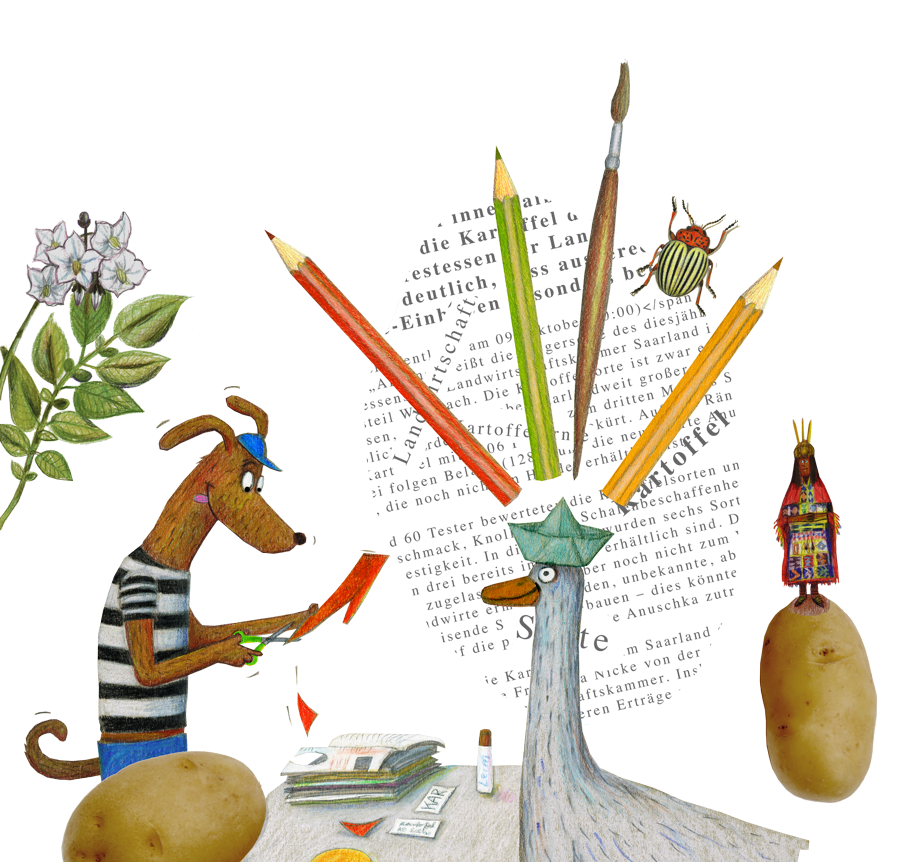 Illustration mit Hund und Strauß, Buntstifte, Blume, Kartoffel, Bücher, Zeitungsausschnitt, Flasche und bunter Schaukelstuhl.
