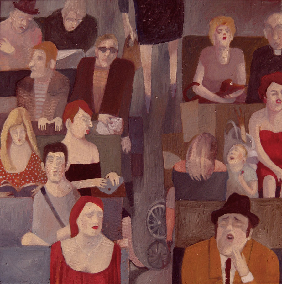 Menschen in einem belebten Bus, diverse Posen, gefüllte Sitze, teils lesend oder schlafend, in gedeckten Farben gemalt.