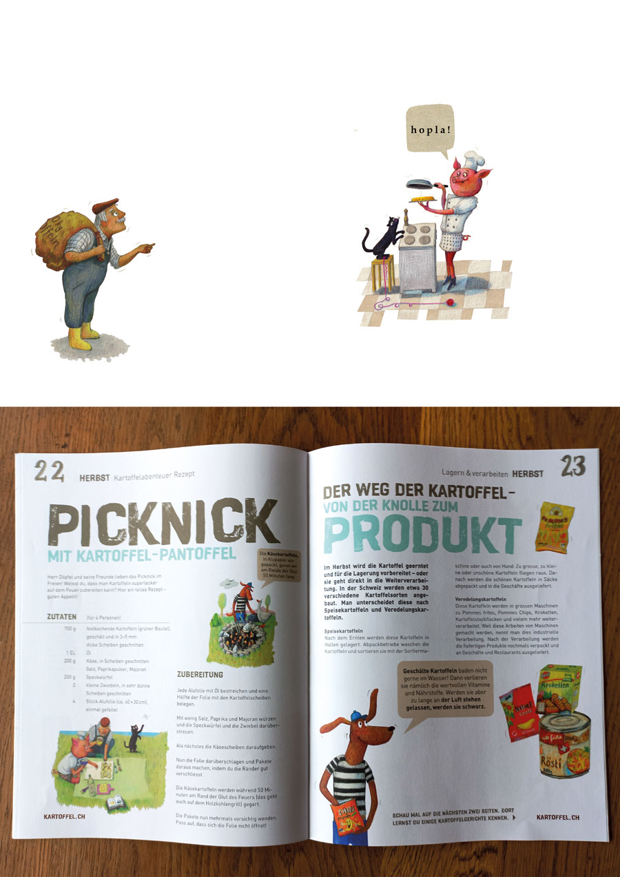 Illustration: Bauer mit Kartoffelsack, Schwein als Koch mit Katze auf Hocker, Text