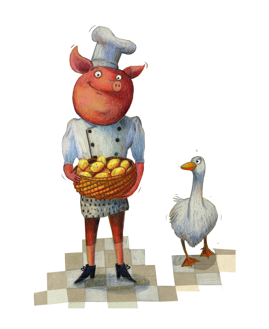 Schwein in Kochkleidung mit Korb voller Kartoffeln, daneben eine Gans auf kariertem Boden.