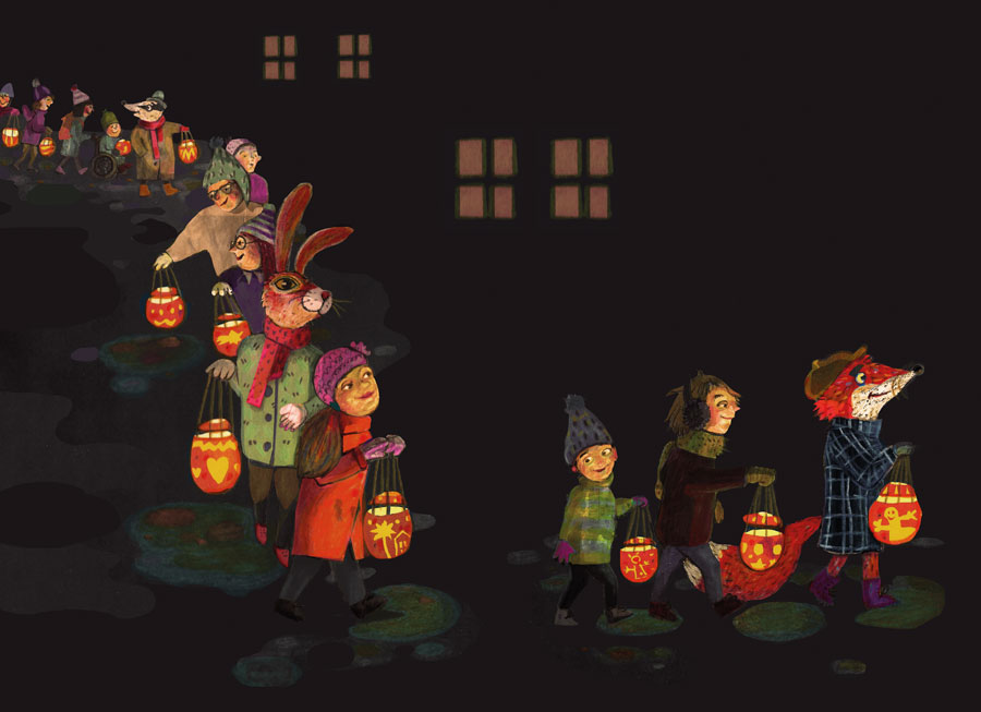 Illustration einer Laternenprozession mit Menschen und Tieren in Winterkleidung. Sie tragen leuchtende Laternen in Form von Herzen und Enten, vor dunklem Hintergrund.