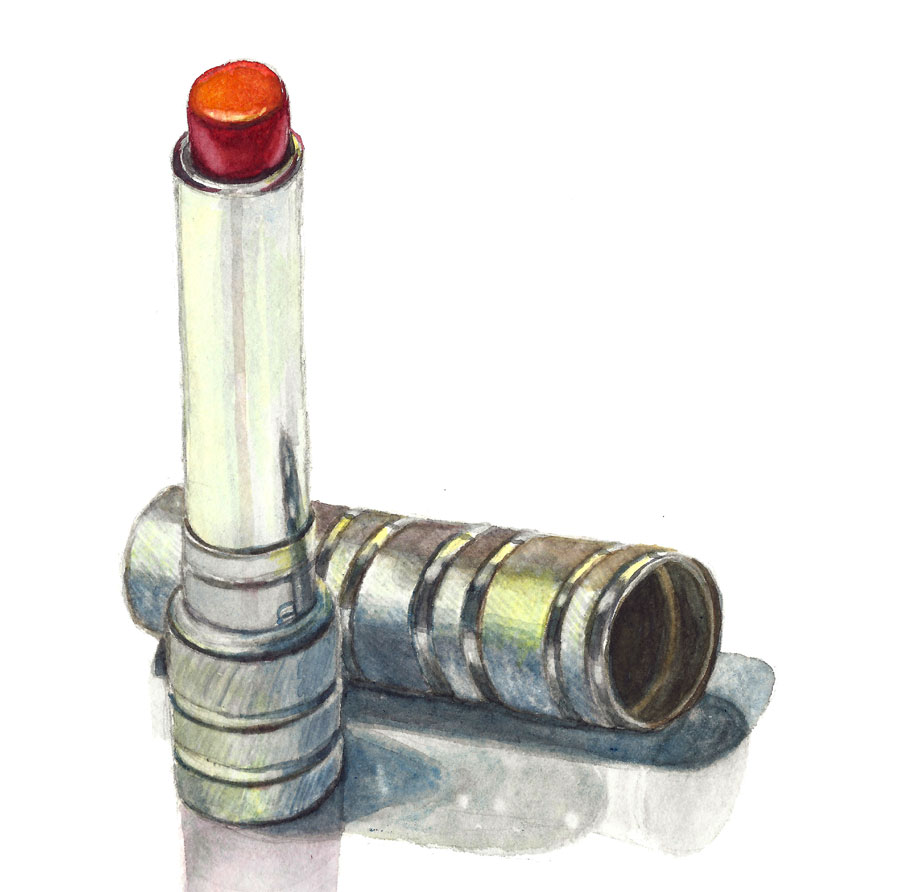 Aquarellillustration eines Lippenstifts. Der rote Stift ist geöffnet, der Metalldeckel liegt daneben. Schattierungen betonen die Formen.