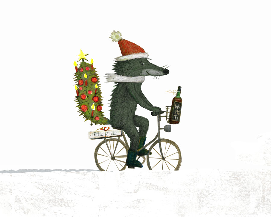 Ein schwarz-grauer Fuchs mit Weihnachtsmütze fährt Fahrrad, hält Weinflasche, transportiert geschmückten Tannenbaum und beschriftete Pizzaschachtel.