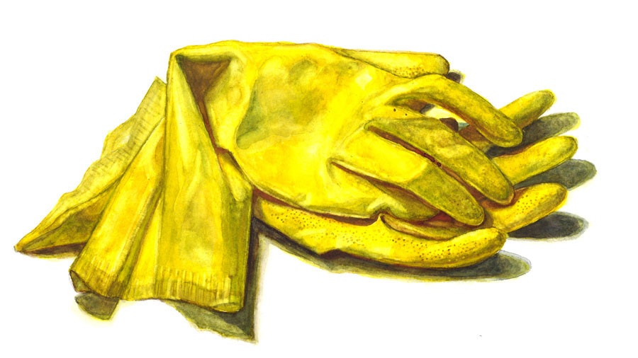 Gelbe Gummihandschuhe, sorgfältig drapiert, werfen Schatten auf weiße Fläche. Realistische Darstellung mit Betonung auf Falten und Lichteffekte.