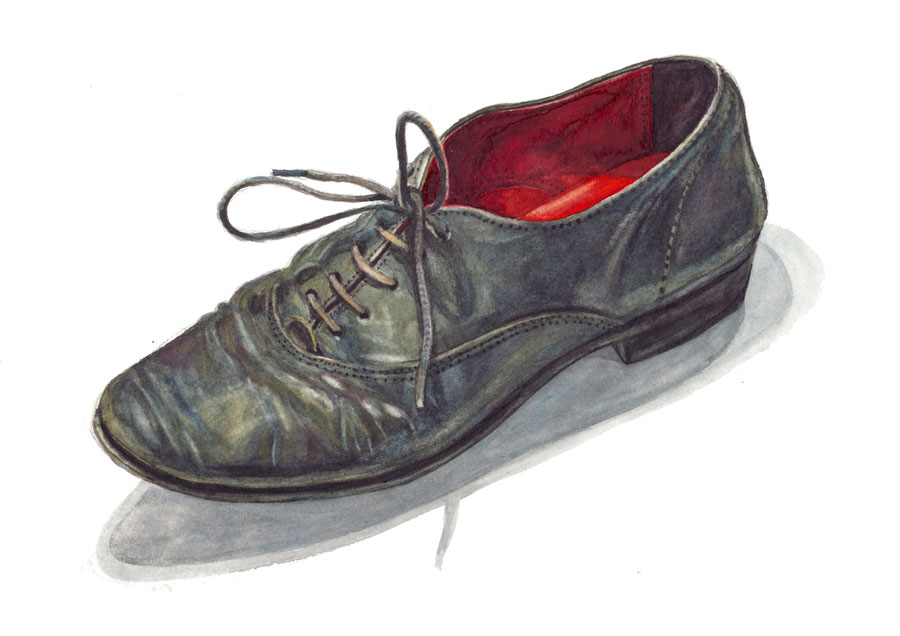 Detaillierte Illustration eines dunklen Schnürschuhs mit roten Innensohlen, feine Textur und Schatten, Spitze leicht geknickt, perspektivisch gezeichnet.