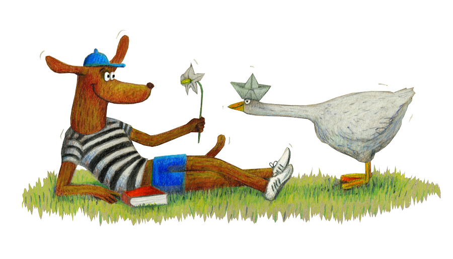Hund mit Mütze auf Wiese hält Blume, Buch neben ihm. Gans mit Papierhut beugt sich vor. Beide blicken zueinander, fröhliche Szene.