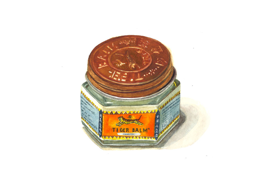 Illustration eines sechseckigen Tiger Balm-Glases mit bronzefarbenem Deckel und gelb-orangem Etikett, verziert mit einem Tiger-Logo.