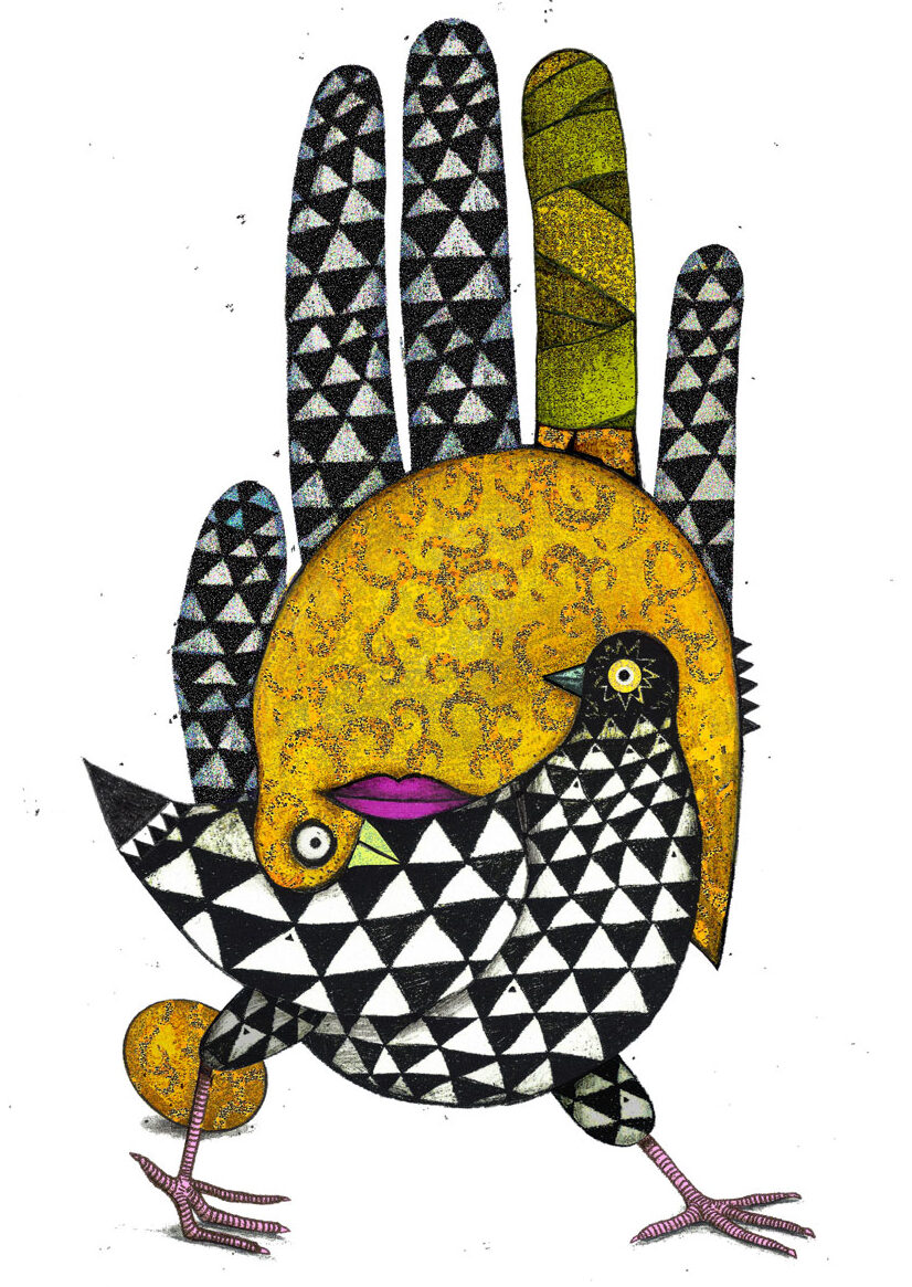 Bunte Handgrafik mit geometrischen Mustern; ein gelber Vogel mit violettem Schnabel auf schwarz-weißem dreieckigem Muster, das wie ein zweiter Vogel aussieht.