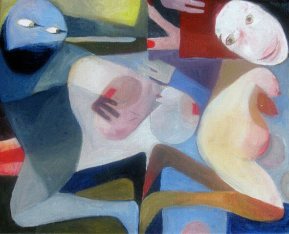 Abstrakte Figuren mit bunten geometrischen Formen, teils verschlungene Körper; dominierende Farben: Blau, Rot, Gelb; Gesicht mit roten Wangen und hellem Ausdruck.