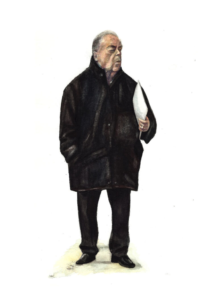 Illustration eines älteren Mannes mit grauem Haar, der in einem dunklen, langen Mantel gekleidet ist. Er steht mit einer Hand in der Manteltasche und hält in der anderen ein zusammengefaltetes Papier oder eine Zeitung. Sein Blick ist zur Seite gerichtet, der Gesichtsausdruck wirkt ernst oder nachdenklich. Die Darstellung vermittelt Ruhe und Konzentration, möglicherweise in einer städtischen Alltagsszene.