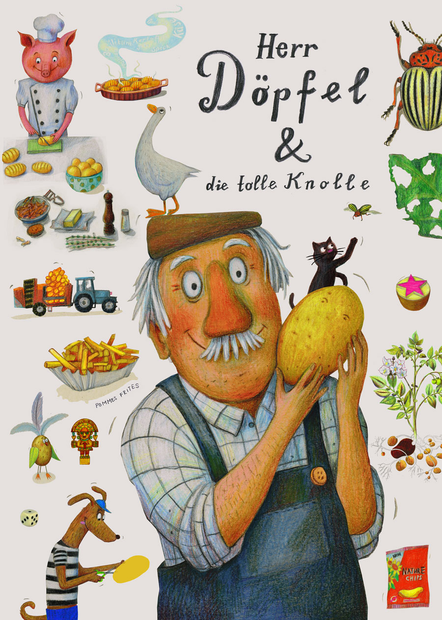 Mann mit Mütze hält große Kartoffel, umgeben von Tierfiguren, Essen und Pflanzen; Titel