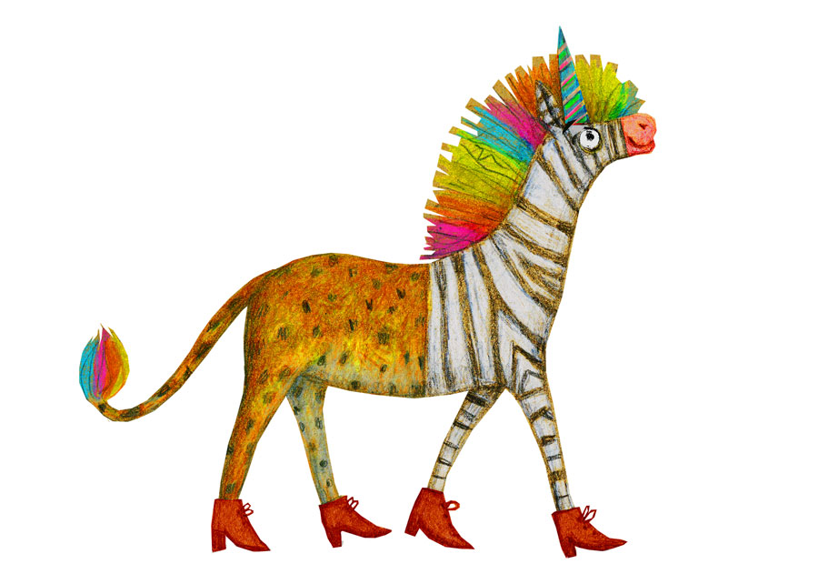 Buntes Zebra-Löwe-Wesen mit Regenbogenmähne und Schwanz, gestreiftem und gepunktetem Fell, trägt rote Stiefel, skurril-phantasievolle Illustration.