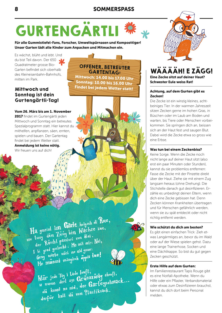 Illustration eines Hasen mit gestreiftem Shirt, roter Hose; gießt Pflanzen mit Kanne; bunte Blumen, Schmetterling, Marienkäfer; Schwester Eule mit Arztmütze.