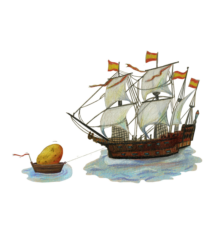 Segelschiff mit Masten und Fähigen zieht ein kleines Boot mit einer riesigen Kartoffel über blaues Wasser, Flaggen wehen im Wind.