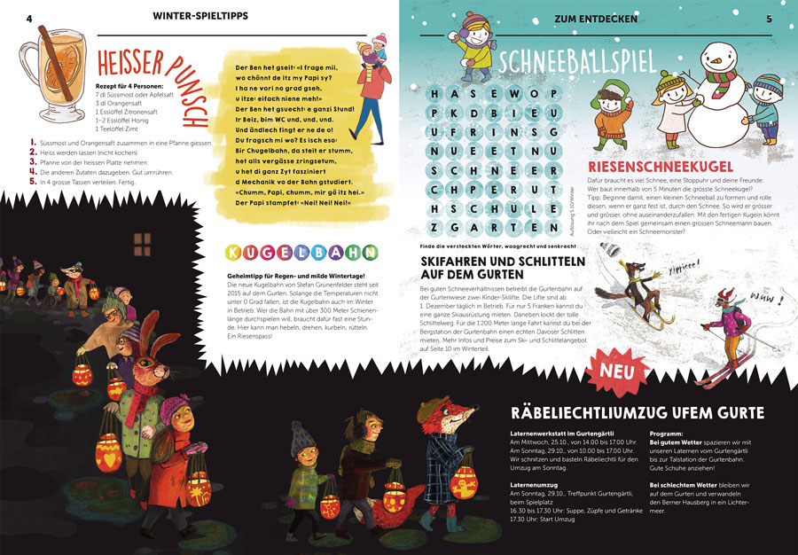 Illustration von Menschen in Winterkleidung mit Laternen, schwarze Silhouette unten, bunte Buchstaben und kindliche Charaktere in Schneelandschaft oben.
