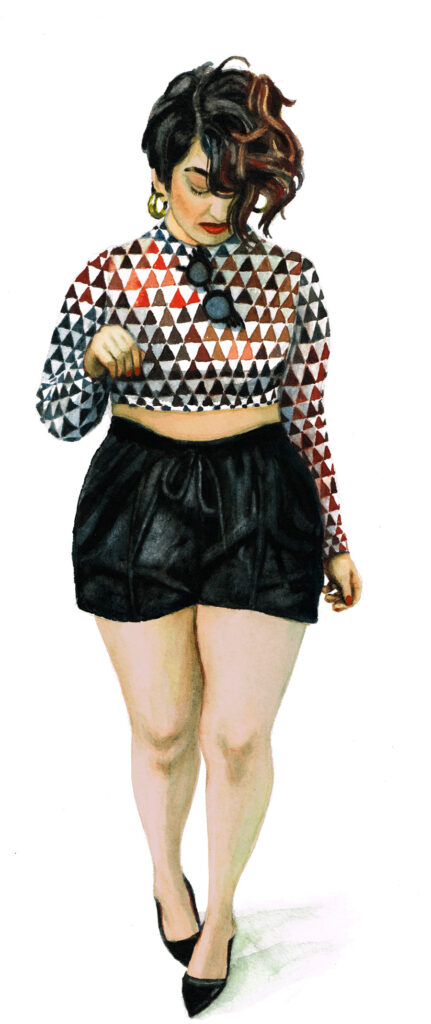 Illustration einer selbstbewusst wirkenden Frau mit kurzer schwarzer Hose und einem bauchfreien, langärmeligen Oberteil mit rot-grauem Dreiecksmuster. Sie trägt große goldene Ohrringe, schwarze High Heels und hat dunkle, lockige Haare mit rötlichem Farbverlauf. Um den Hals hängen runde, schwarze Accessoires. Die Frau blickt leicht nach unten und bewegt sich scheinbar tanzend oder schreitend. Die Darstellung ist modisch und betont Körperpositivität.