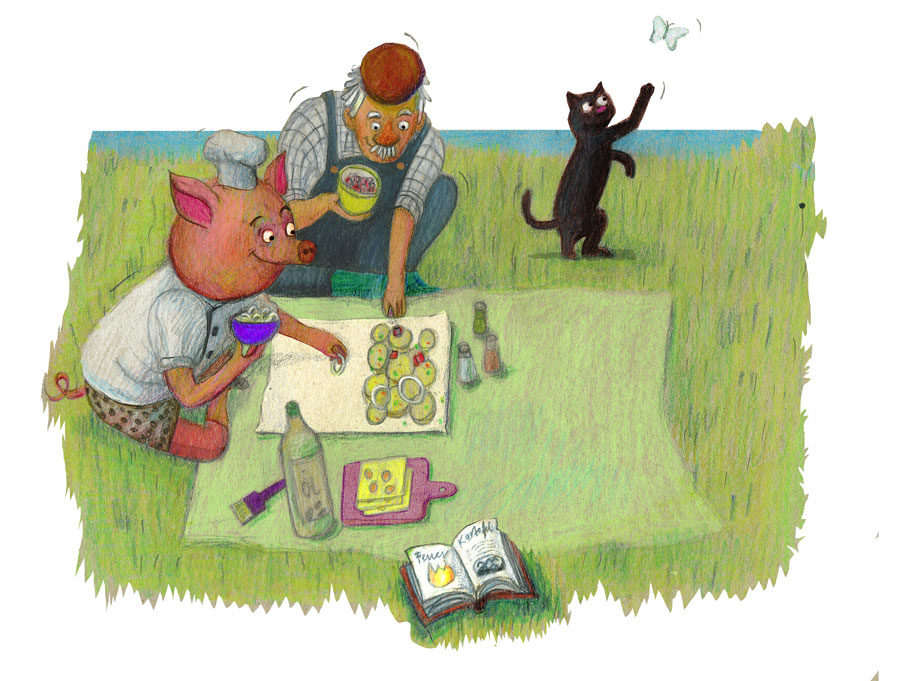Auf einer grünen Wiese picknicken Schwein als Koch, Mann und schwarze Katze; Zutaten, Buch und Flasche auf Decke, Katze jagt Schmetterling.