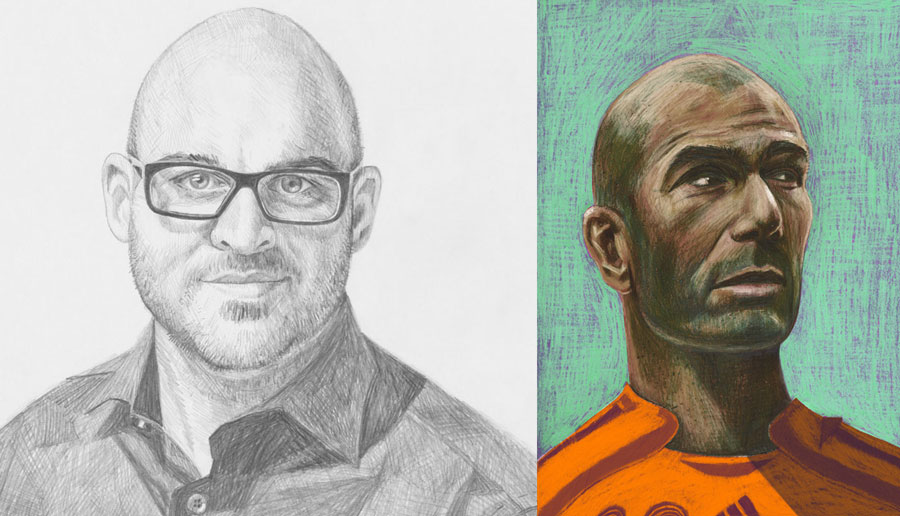 Zwei Porträts: links Bleistiftzeichnung eines Mannes mit Brille; rechts gemaltes Bild eines Mannes in orangefarbenem Shirt, grüner Hintergrund.