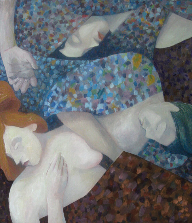 Drei liegende, stilisierte Figuren mit geschlossenen Augen in gedeckten Farben, umgeben von impressionistischen, farbigen Mustern.