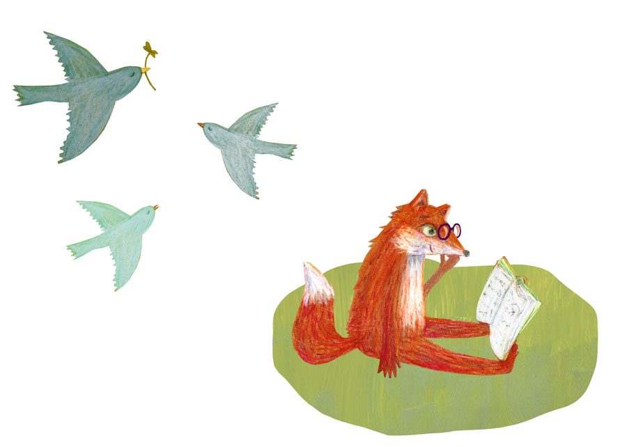 Ein roter Fuchs mit Brille liest ein Buch, während drei blaue Vögel über ihm fliegen; einer hält einen Zweig.