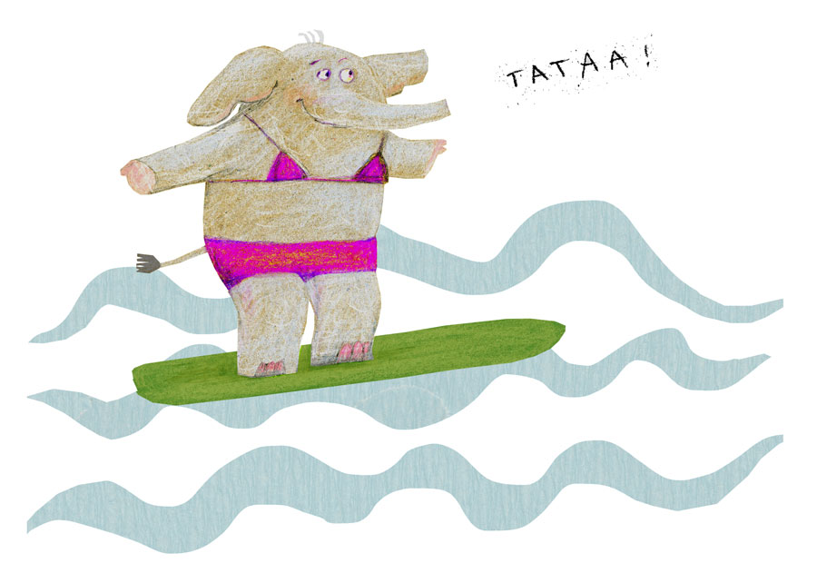 Ein Elefant im Bikini surft auf grüner Fläche, umgeben von blauen Wellenlinien, mit dem Schriftzug 
