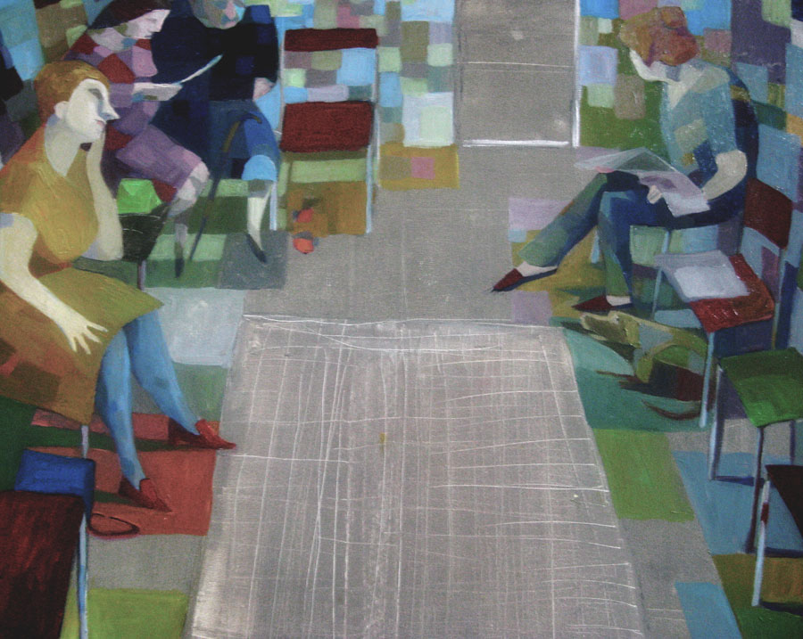 Gemälde mit abstrakten Figuren in einem Wartesaal, bunte quadratische Fliesenmuster auf Boden und Wänden, Personen auf Stühlen sitzend.