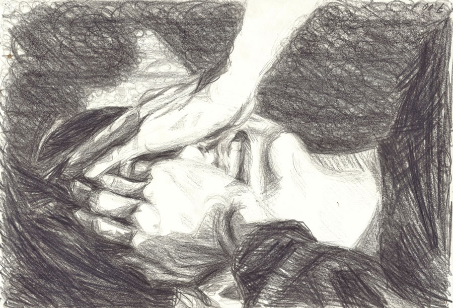 Eine Schwarz-Weiß-Bleistiftzeichnung zeigt eine Person, die ihr Gesicht in den Händen vergräbt. Dichtes Schraffurmuster erzeugt Schatten.
