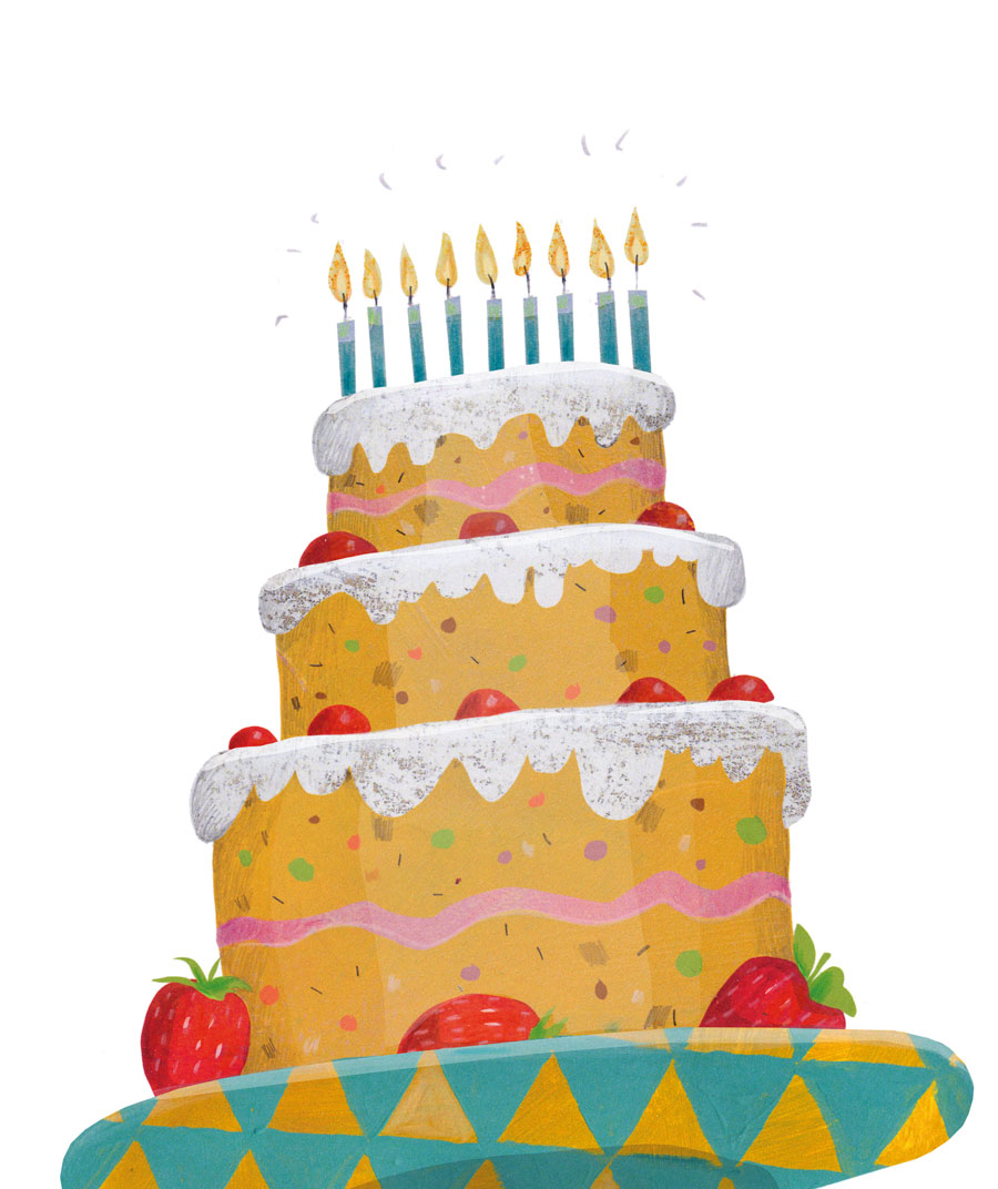 Kuchen mit drei Etagen, verziert mit bunten Punkten, Erdbeeren, Zuckerguss und zehn brennenden Kerzen auf einem dekorierten Teller.